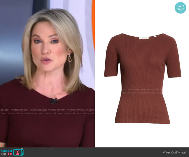 Vince Camuto Rib Jewel Neck Short Sleeve Sweater in Oxblood worn by Amy Robach on Good Morning America