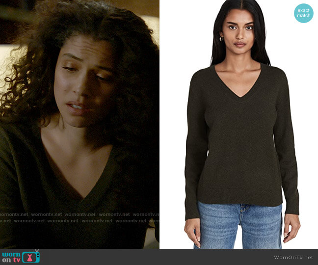 Vince Weekend Cashmere Sweater in Dark Pine worn by Stella Kidd (Miranda Rae Mayo) on Chicago Fire