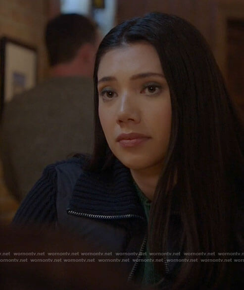 Violet’s navy jacket with knit sleeves on Chicago Fire