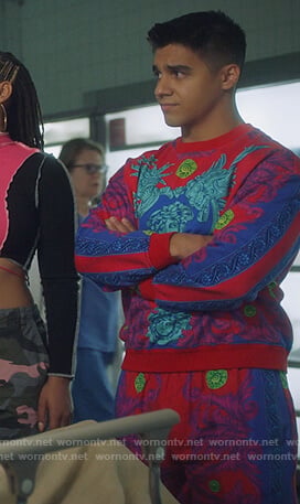 Vivek’s red medusa print sweatshirt and shorts on Grown-ish
