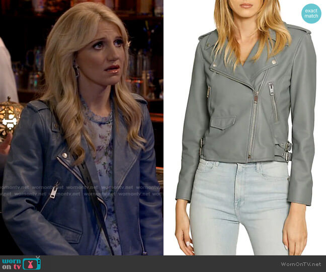 Walter Baker Liz Leather Moto Jacket in Steel Blue worn by Gina Dabrowski (Annaleigh Ashford) on B Positive