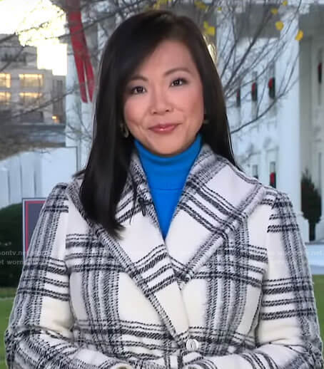 Weijia Jiang’s white plaid coat on CBS Mornings