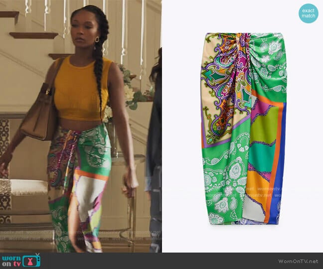 Zara Printed Knotted Skirt worn by Angela Vaughn (Yaya DaCosta) on Our Kind of People