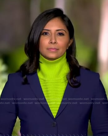 Zohreen Shah’s lime green ribbed turtleneck sweater on Good Morning America