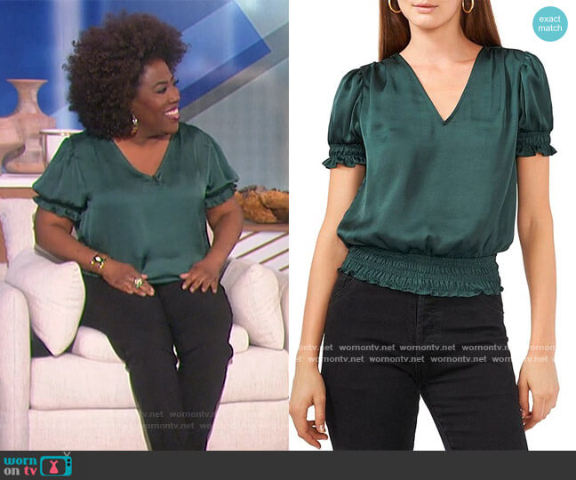 1.State Smocked Waist V-Neck Short Puff Sleeve Blouse worn by Sheryl Underwood on The Talk