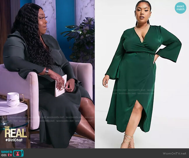 Asos Curve Satin Wrap Midi Dress with Flared Cuff and Tie Detail worn by Loni Love on The Real