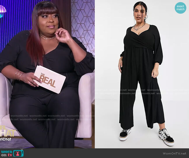 Asos Curve Wrap Textured Jumpsuit in Black worn by Loni Love on The Real