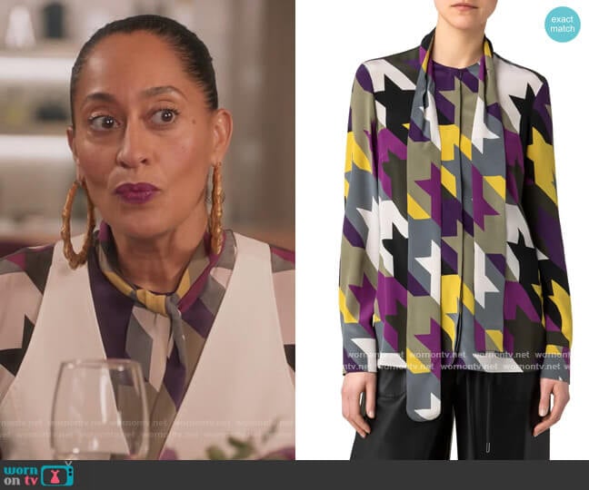 Akris Punto Houndstooth Check Tie Neck Silk Blouse worn by Rainbow Johnson (Tracee Ellis Ross) on Black-ish