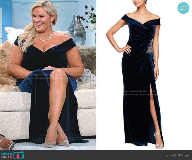 Alex Evenings Off the Shoulder Ruched Velvet Gown worn by Heather Gay on The Real Housewives of Salt Lake City