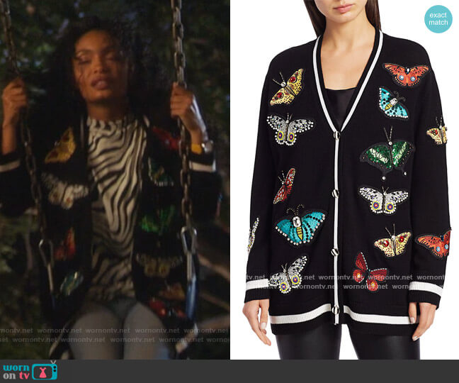 Alice + Olivia Bradford Butterfly Embroidered Cardigan worn by Zoey Johnson (Yara Shahidi) on Grown-ish