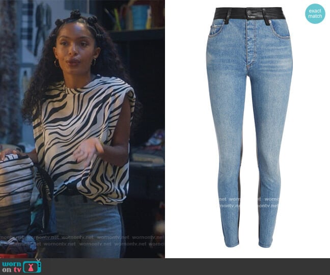 Alice + Olivia Good High Rise Leather Combo Jeans worn by Zoey Johnson (Yara Shahidi) on Grown-ish