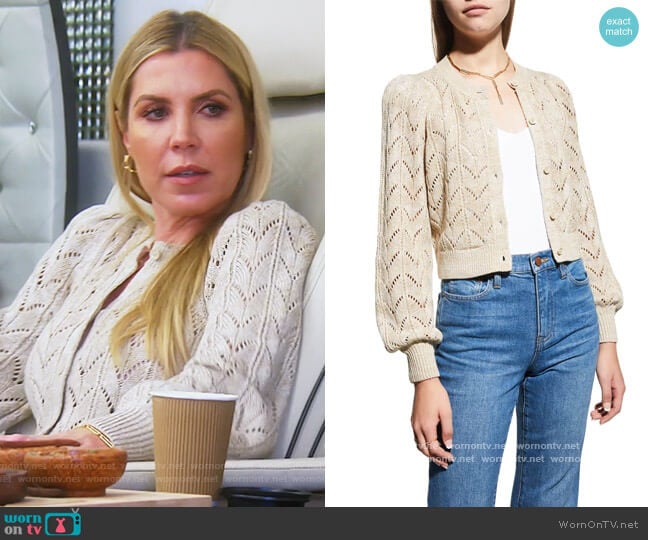 Alice + Olivia Kitty Puff-Sleeve Pointelle Cardigan worn by Dr. Jen Armstrong on The Real Housewives of Orange County
