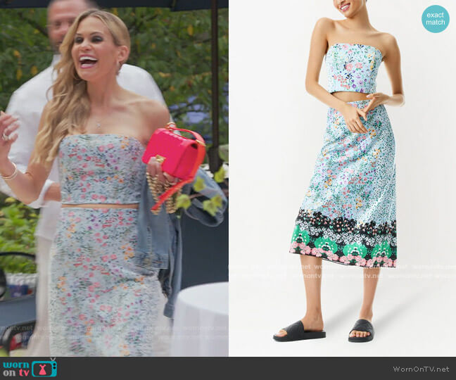Alice + Olivia Ceresi smocked floral-print satin bandeau top worn by Jackie Goldschneider on The Real Housewives of New Jersey