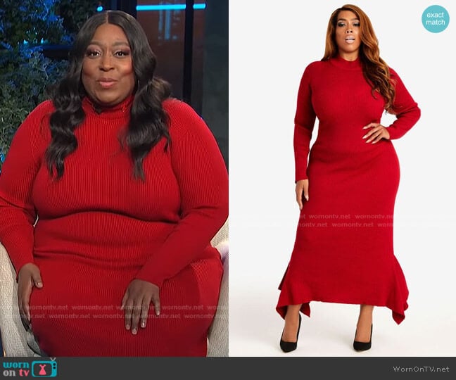 Ashley Stewart Asymmetric Bodycon Sweater Dress worn by Loni Love on E! News
