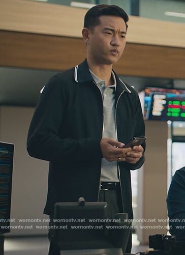 Ben Kim’s black stripe collar jacket on Billions