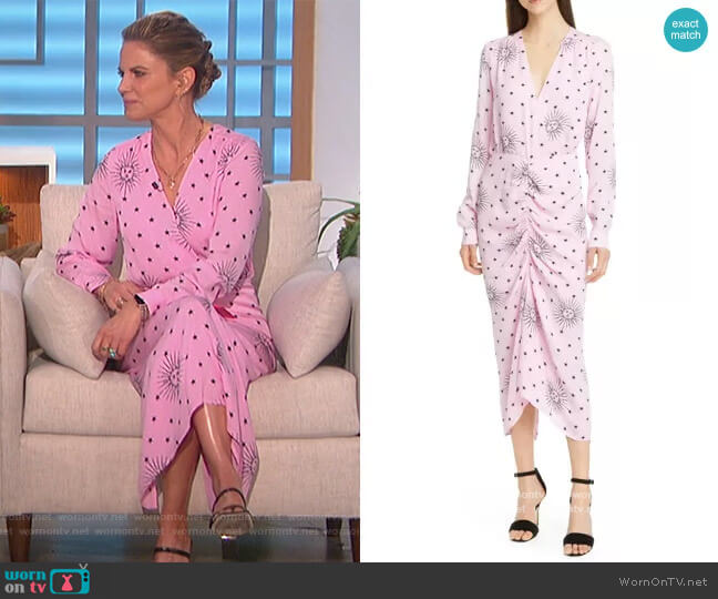 Birgitte Herskind Aria Ruched Sun Print Long Sleeve Midi Dress worn by Natalie Morales on The Talk