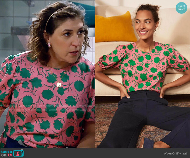Boden Adriana Puff Sleeve Top in Pink Lemonade Leafy Bud worn by Kat Silver (Mayim Bialik) on Call Me Kat