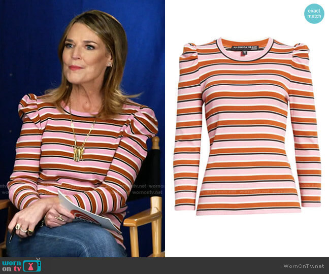 Veronica Beard Britney Striped Puff-Sleeve Top worn by Savannah Guthrie on Today