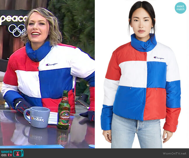 Champion Premium Reverse Weave Colorblock Puffer Jacket worn by Dylan Dreyer on Today