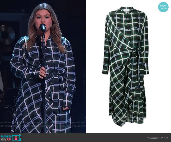 Christian Wijnants Plaid Check Wrap Silk Dress worn by Kelly Clarkson on The Kelly Clarkson Show