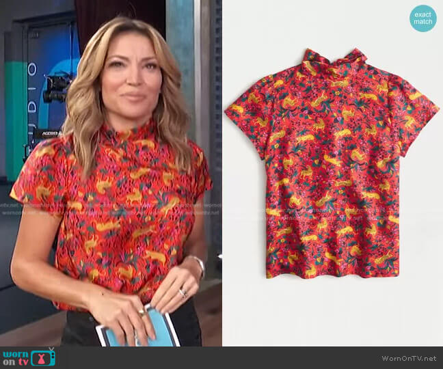 J. Crew Collection Silk Bow-Back Top in jungle cat floral print worn by Kit Hoover on Access Hollywood