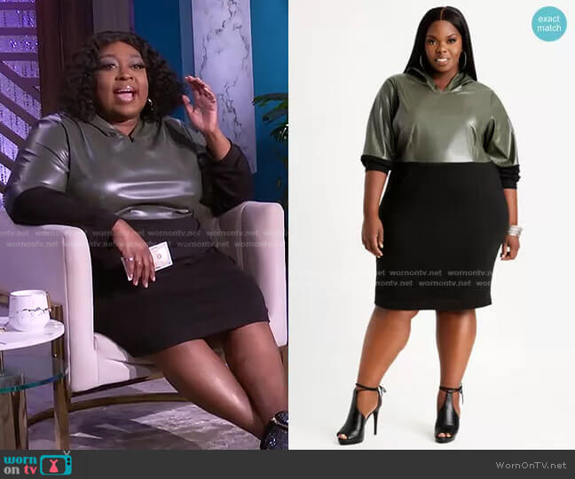 Ashley Stewart Colorblock Faux Leather Hoodie Dress worn by Loni Love on The Real