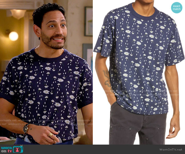Nordstrom Cristina Martinez Gender Inclusive Graphic Tee in Navy Scattered Flowers worn by Oscar (Christopher Rivas) on Call Me Kat