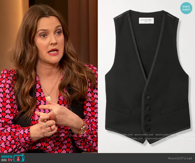 Saint Laurent Cropped grain de poudre wool and silk-satin vest worn by Drew Barrymore on The Drew Barrymore Show