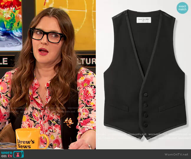Saint Laurent Cropped grain de poudre wool and silk-satin vest worn by Drew Barrymore on The Drew Barrymore Show
