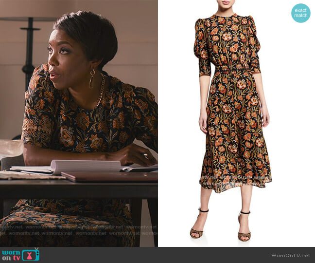Derek Lam Indian Floral Puff Sleeve Dress worn by Helen Decatur (Heather Headley) on Sweet Magnolias