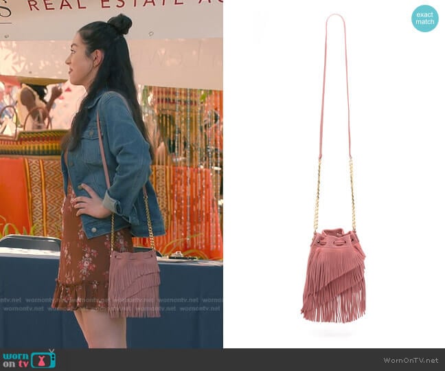 Elizabeth & James Suede Fringe Pouch Crossbody Bag worn by Annie Sullivan (Anneliese Judge) on Sweet Magnolias