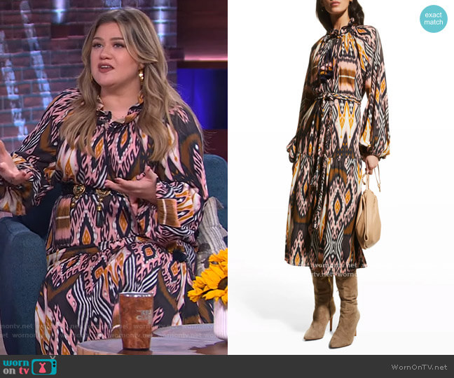 Figue Magnolia Abstract-Print Belted Midi Dress worn by Kelly Clarkson on The Kelly Clarkson Show