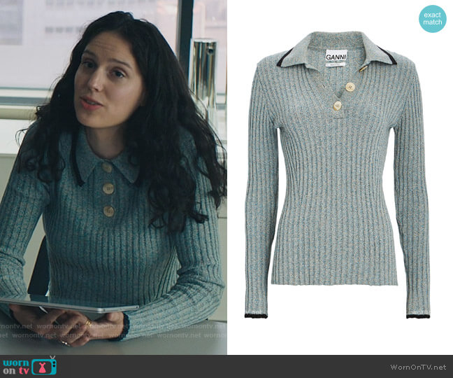 Ganni Rib Knit Polo Sweater worn by Eva Victor (Rian) on Billions