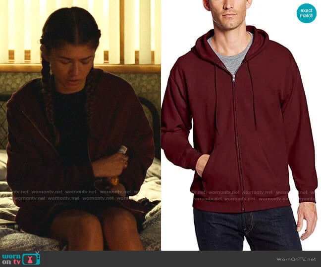 Hanes Mens Full Zip Hoodie in Maroon worn by Rue Bennett (Zendaya) on Euphoria