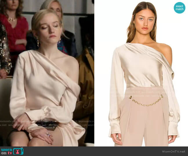 Jonathan Simkhai Alice Blouse worn by Anna Delvey (Julia Garner) on Inventing Anna