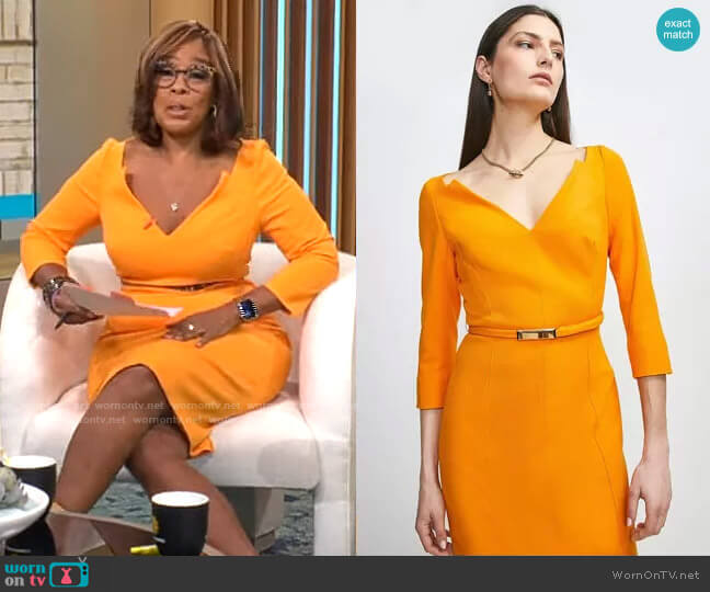 Karen Millen Forever Bar Belt Dress in Orange worn by Gayle King on CBS Mornings