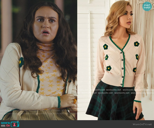 Kate Kasin Floral Pattern Button Front Scallop Trim Cardigan worn by Annabelle (Mary-Charles Jones) on Naomi