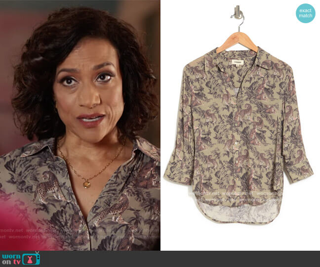 L'Agence Ryan Leopard Print Collared Shirt worn by Melanie Pierce (Devika Parikh) on The Kings of Napa