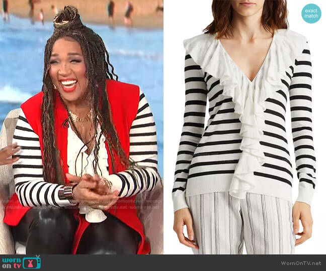Lauren Ralph Lauren Striped Ruffled Cardigan worn by Kym Whitley on E! News