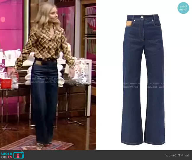 Paco Rabanne Leather-Patch High-Rise Flared Jeans worn by Kelly Ripa on Live with Kelly and Mark