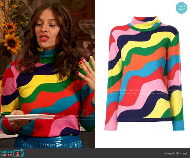 Mira Mikati Rainbow Wavy Stripe Merino Wool Turtleneck Sweater In Multi worn by Drew Barrymore on The Drew Barrymore Show