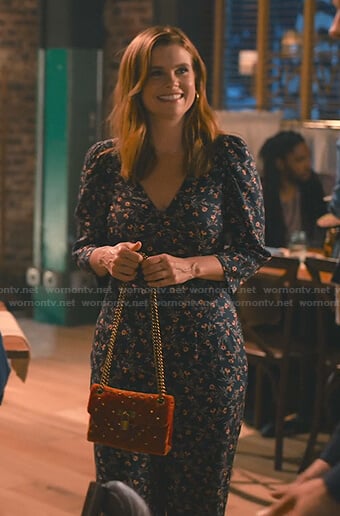 Maddie’s navy floral v-neck jumpsuit on Sweet Magnolias