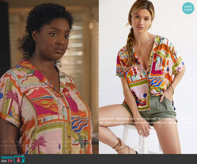 Anthropologie Maeve Bon Voyage Buttondown worn by Bridgette Pierce (Yaani King Mondschein) on The Kings of Napa