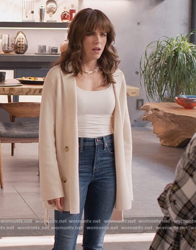 Marina’s white belted cardigan on Home Economics