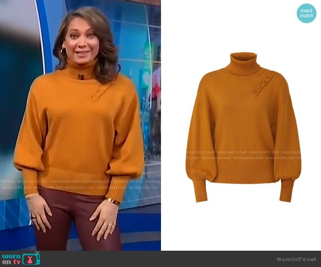 Marissa Webb Collective Button Shoulder Turtleneck Sweater worn by Ginger Zee on Good Morning America