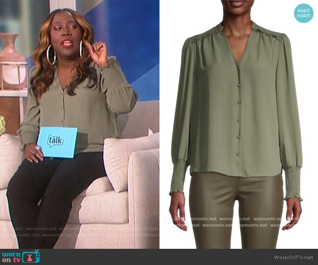 Nanette Nanette Lepore Smocked-Cuff V-Neck Blouse worn by Sheryl Underwood on The Talk