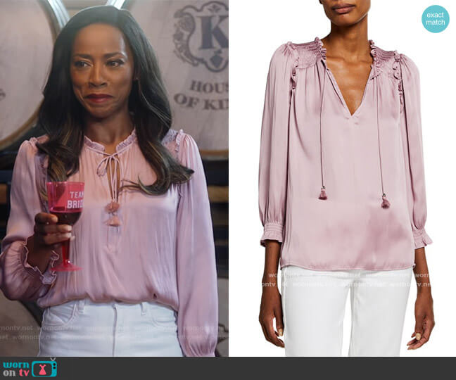 Paige Kaylynn Smocked Sateen Blouse worn by Vanessa King (Karen Leblanc) on The Kings of Napa