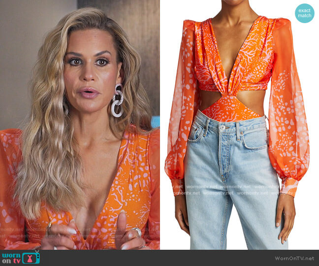 PatBO Coral Print Cutout Bodysuit worn by Jackie Goldschneider on The Real Housewives of New Jersey
