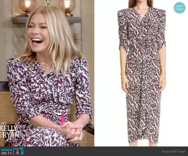 Isabel Marant Print Ruched Ruffle Stretch Silk Midi Dress worn by Kelly Ripa on Live with Kelly and Mark