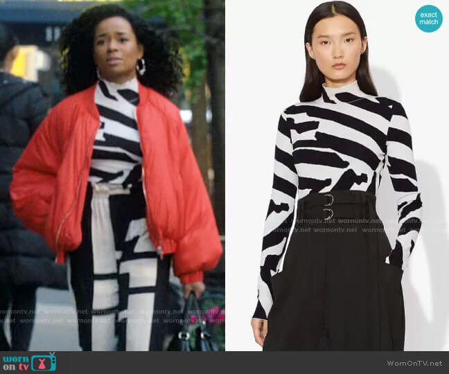 Proenza Schouler Abstract Animal Print Jacquard Long Sleeve Turtleneck Top worn by Neff Davis (Alexis Floyd) on Inventing Anna